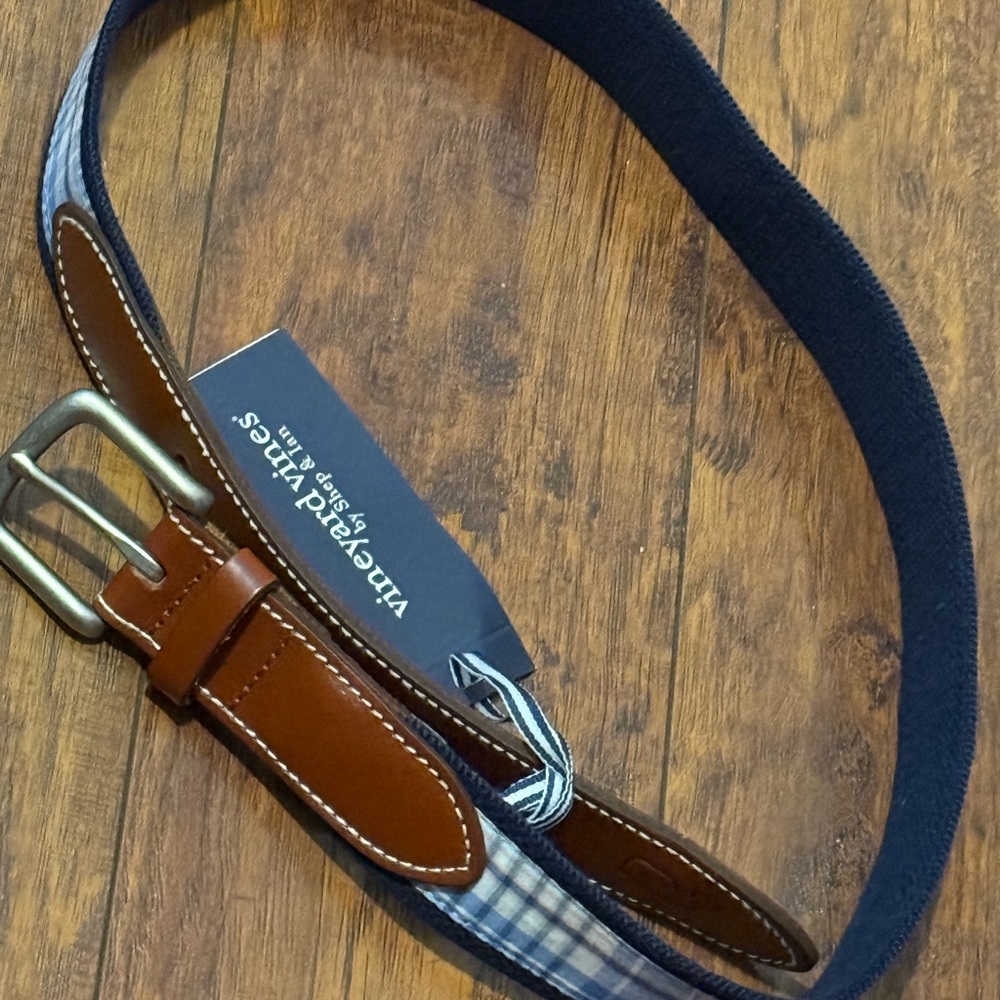 Vineyard vines Shep & Ian Brown and Blue plaid leather cotton Men's Belt 32